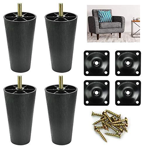 AFASOES 4 Pcs Patas Sofas Altas 12 cm Patas de Sofás Salón Plastico Patas Sofa Negras Patas para Sillones Altas Patas M8 para Sofás Sillones Mesitas de Noche Mueble + 4 Placa Metalica + 16 Tornillos