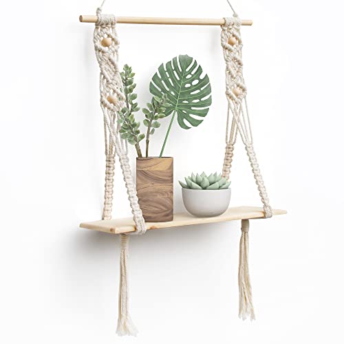 Afuly Estanteria Pared Baldas Pared Madera Boho Estante Pared 1 Niveles Macramé Sala Cuarto de Baño Cuarto Hogar Decoración