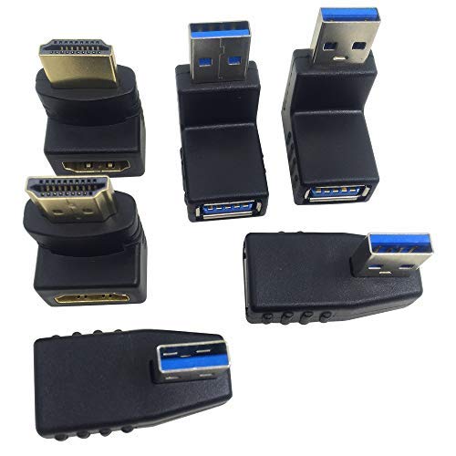 AFUNTA 4 adaptadores USB 3.0 2 adaptadores HDMI macho a hembra,adaptador de extensión conector USB a derecha/izquierda/arriba/abajo ángulo adaptador convertidor de enchufe conector HDMI 90 y 270grados