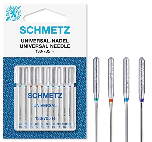 Agujas SCHMETZ para máquinas de coser | 10 Agujas Universales | 130/705 H | Grosor de aguja 70/10 (2x), 80/12(3x), 90/14(3x) y 100/16(2x) | Compatibles con todas las máquinas de coser domésticas convencionales
