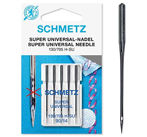 Agujas SCHMETZ para máquinas de coser | 5 Agujas Super Universal | 130/705 H-SU | Grosor de aguja 90/14 | Aguja para máquinas de coser con revestimiento antiadherente especial