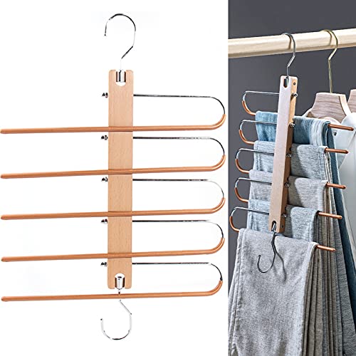Ahorra Espacio Percha para Ropa,Perchas Pantalones 5 en 1,Perchas Pantalones Plegables,Perchas Ropa de Madera Antideslizantes Organizador de Armario,Se Utiliza para Ropa, Pantalones Vaqueros