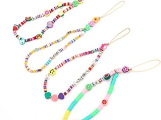 AIEX 4 Piezas Colorido Cordón Phone Charm Beaded Teléfono Correa Arcoíris Cara Sonriente Flora Fruta Letras Corazón Perlas Cuentas Arcilla Acrílico Cordón Teléfono Accesorio Llavero para Mujeres Niñas