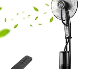 Aigostar Breeze - Ventilador de pie con nebulizador de agua, oscilante, mando a distancia, temporizador, 3 modos, 3 velocidades, 75W, flujo de aire 22m/s, nebulización ultrasónica. Diseño exclusivo