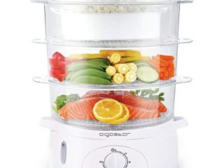Aigostar Fitfoodie 30CFO - Vaporera Eléctrica 800 W, Libre de BPA, Temporizador hasta 60 Minutos. 3 Recipientes Apilables (Capacidad Total 9l), Cuenco para Preparar arroz. Diseño Exclusivo.