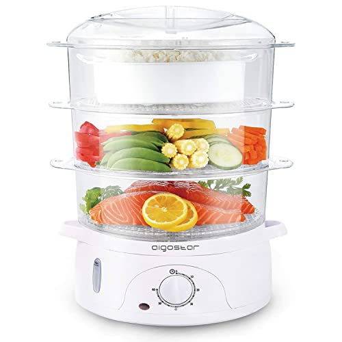 Aigostar Fitfoodie 30CFO - Vaporera Eléctrica 800 W, Libre de BPA, Temporizador hasta 60 Minutos. 3 Recipientes Apilables (Capacidad Total 9l), Cuenco para Preparar arroz. Diseño Exclusivo.
