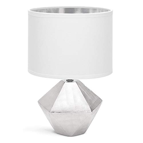 Aigostar - Lámparas de Mesita de Noche, Lámpara de Mesa de Cerámica E14, Pantalla de Tela, Lámpara Escritorio Diseño Clasico Vintage para Dormitorio, Salon, Estudio, L15 x H25cm, Plateado