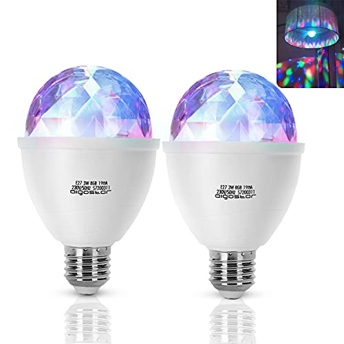 Aigostar Luces Discoteca LED,Bombilla LED Giratoria 360º,E27,3W,Cambio de Color RGB, Luz Estroboscópica, Lámpara Decorada para Fiesta,Bar,Boda,Navidad,Coche,Festival, Cumpleaños,Pack De 2