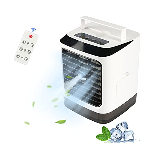 Aire Acondicionado Portatil 4-in-1 Mini Enfriador de Aire, Humidificador, Purificador, Aires Acondicionados Móviles, 3 Velocidades de Viento y 7 Colore LED Luz, para el Hogar/Oficina