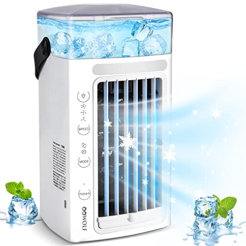 Aire Acondicionado Portatil Silencioso, 5 En 1 Mini Enfriador de Aire de Dobles Ventiladores, Mini Acondicionador de Aire Móvil con 3 Velocidades/7 Colores/ 480ML para Hogar Oficina, Regalo Verano