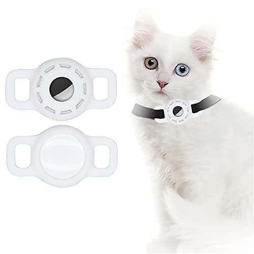 Airtag Funda de Silicona para Collar de Mascotas, Funda Airtag con película Protectora HD de Alta Transparencia, Buscador GPS portátil Ajustable para Collar de Perro y Gato 2 PCS (2-Blanco)