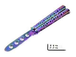 AITE - Navaja mariposa, para entrenamiento, para practicar, arcoíris, metal, de acero, desafilado, con funda (violeta)