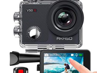 AKASO Cámara Deportiva WiFi Nativa 4K 30fps Cámara de Acción con Pantalla Táctil EIS Ángulo de Visión Ajustable Cámara Acuatica Sumergible 40M Control Remoto 2 Baterías Multi Accesorios V50X