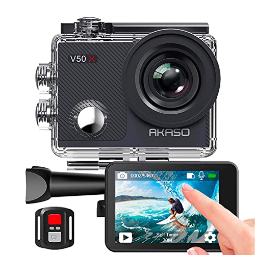AKASO Cámara Deportiva WiFi Nativa 4K 30fps Cámara de Acción con Pantalla Táctil EIS Ángulo de Visión Ajustable Cámara Acuatica Sumergible 40M Control Remoto 2 Baterías Multi Accesorios V50X