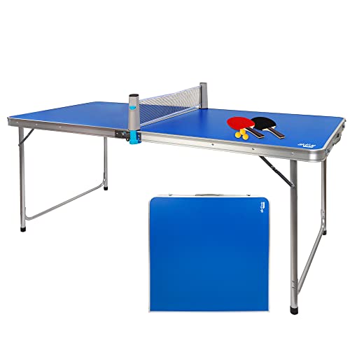 Aktive 52873- Mesa plegable ping pong, con set raquetas y pelotas, mesa plegable aluminio, para exterior, 160x80x70 cm, color azul