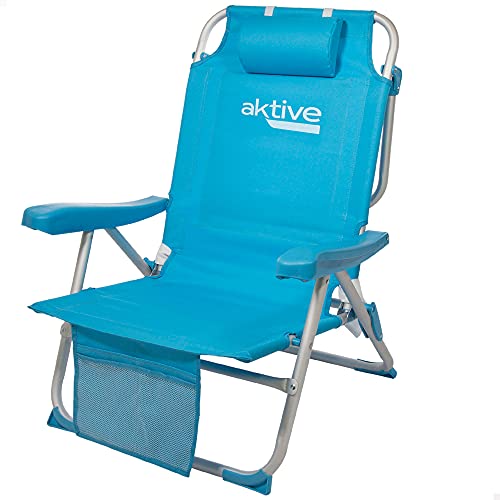 Aktive 53983 - Silla plegable de playa, Silla con cojín, Silla plegable tipo mochila, respaldo reclinable, con dos bolsillos, color azul pastel, Aktive Beach, 64 x 63 x 82 cm