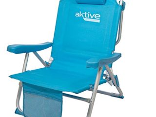 Aktive 53983 - Silla plegable de playa, Silla con cojín, Silla plegable tipo mochila, respaldo reclinable, con dos bolsillos, color azul pastel, Aktive Beach, 64 x 63 x 82 cm