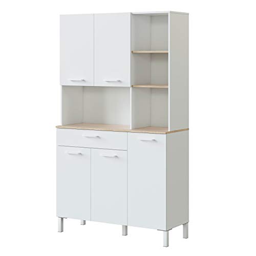 Alacena de Cocina, Aparador Comedor, Mueble Auxiliar 5 Puertas + 1 Cajon y Estante Interior, Acabado en Blanco Artik y Roble Canadian, Medidas: 108 cm (Ancho) x 186 cm (Alto) x 40 cm (Fondo)