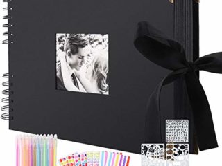 Album de Fotos Scrapbook Espiral, 80 Páginas Negras DIY Scrapbooking Album Set con 2pcs Photo Corners 6pcs Pegatinas 5pcs Plantillas 12 Rotuladores de Colores, para Boda Aniversario Cumpleaños Navidad