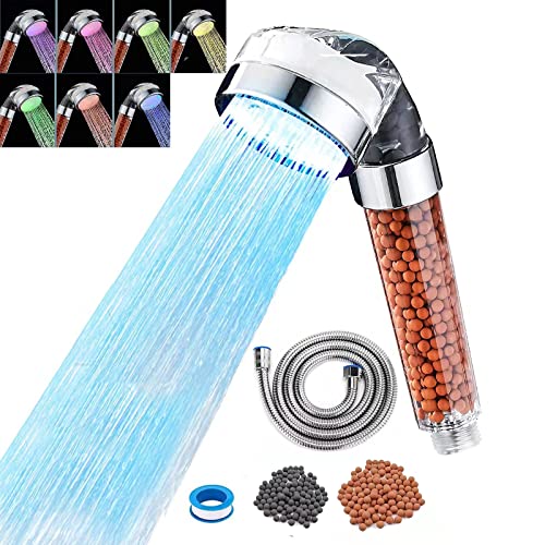 Alcachofa de ducha LED con manguera de filtración de filtro, spray de ahorro de agua de alta presión, ducha de mano con 7 cambios de color para reparar la piel seca y la pérdida de cabello (7 colores)