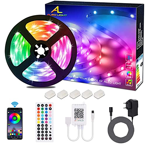 ALED LIGHT Tiras LED 5050 RGB 5m de Longitud 12V Multicolor Control Remoto de 44 Botones y Fuente de Alimentación