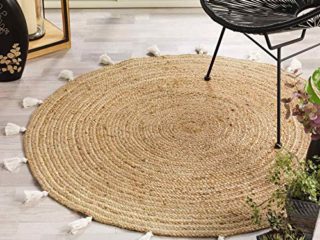 Alfombra Decorativa Redonda (0) 120 cm Yute Liso + Pompones Shira Blanco