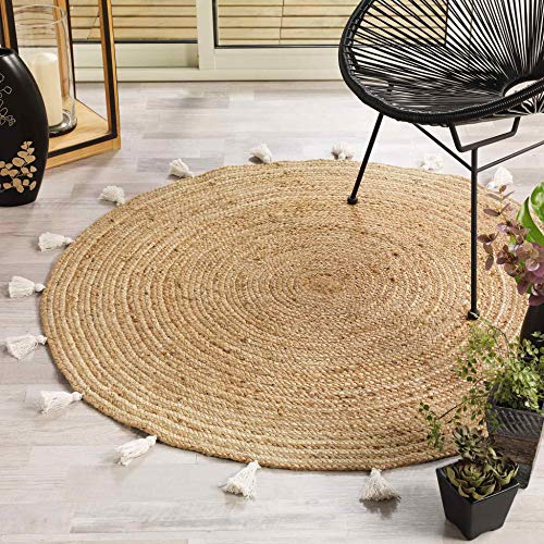 Alfombra Decorativa Redonda (0) 120 cm Yute Liso + Pompones Shira Blanco