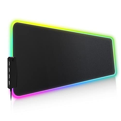 Alfombrilla Ratón Gaming, Alfombrilla Gaming RGB Grande XXL con 4 Puertos USB, 14 Modos de Luz, Base de Goma, Alfombrilla Ratón de LED Extendida y Plana para Velocidad y Control, 800 x 300mm