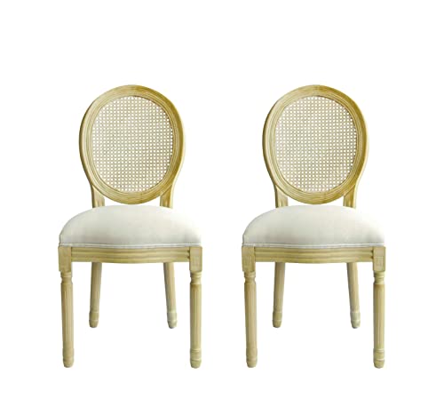 ALGUER LIVING - Bella - 2X Pack Sillas Comedor Clásicas con Respaldo en Ratán, Sillas Sala Espera, Sillas Roble Tapizadas de Tela, Sillas Habitación, Estilo Louis XIV, 96x56x49cm