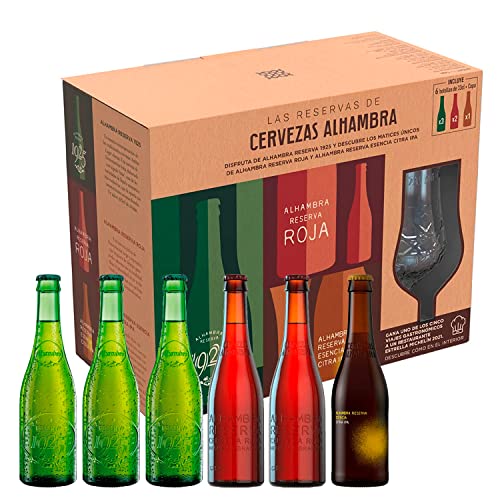 Alhambra Reserva Cerveza Pack - Estuche Regalo de 6 Botellas y 1 Copa de Cristal, 3 x 33 cl de Alhambra 1925, 2 x 33 cl Alhambra Roja Bock Lager y 1 x 33 cl Alhambra Esencia Citra IPA