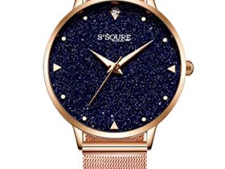 Alienwork Reloj Mujer Oro Rosa Banda de Malla Metálica Negro Esfera del mármol Verdadero