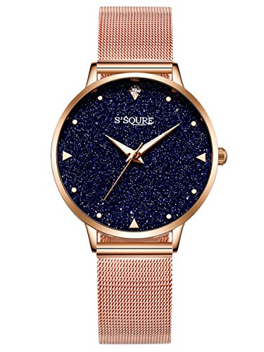 Alienwork Reloj Mujer Oro Rosa Banda de Malla Metálica Negro Esfera del mármol Verdadero