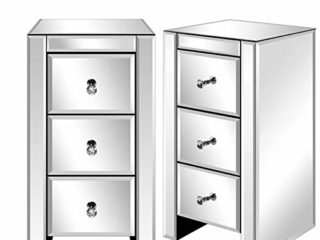 Alightup Mesita de Noche con Espejo y 3 cajones, Mueble de Cristal con Espejo para salón, Dormitorio, despacho, baño, 30 x 30 x 60 cm