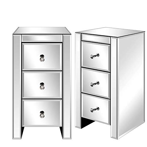 Alightup Mesita de Noche con Espejo y 3 cajones, Mueble de Cristal con Espejo para salón, Dormitorio, despacho, baño, 30 x 30 x 60 cm