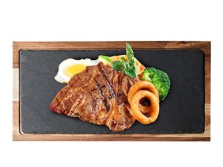 ALLOMN Tabla de servir, tabla de servir para carne con piedra de pizarra, plato de madera para servir carne, bandeja de madera de bambú, ideal como tabla de carne, tabla de charcuterie