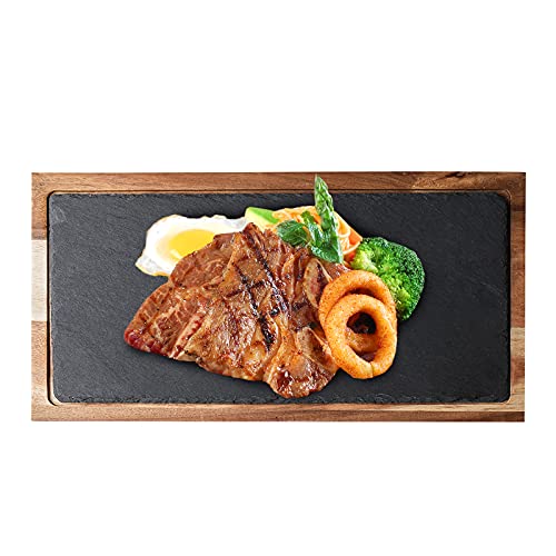 ALLOMN Tabla de servir, tabla de servir para carne con piedra de pizarra, plato de madera para servir carne, bandeja de madera de bambú, ideal como tabla de carne, tabla de charcuterie