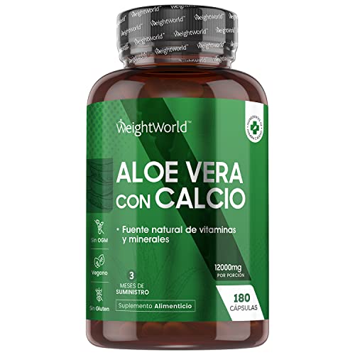 Aloe Vera Cápsulas Puro Concentrado Potente de 12000mg 180 Cápsulas Vegano - Enriquecido Con Calcio, Suplemento Detox y Depurativo Fuente de Vitamina A, Vitamina C, Vitamina E, Magnesio y Potasio