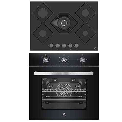 ALPHA Conjunto de Placa de Gas URANO ELITE y Horno de Gas NEPTUNO ELITE GAS Cristal Negro. Encendido Automático, Wok, Rustidor, Guías Telescópicas, Ventilador y Temporizador. **Alta Gama**