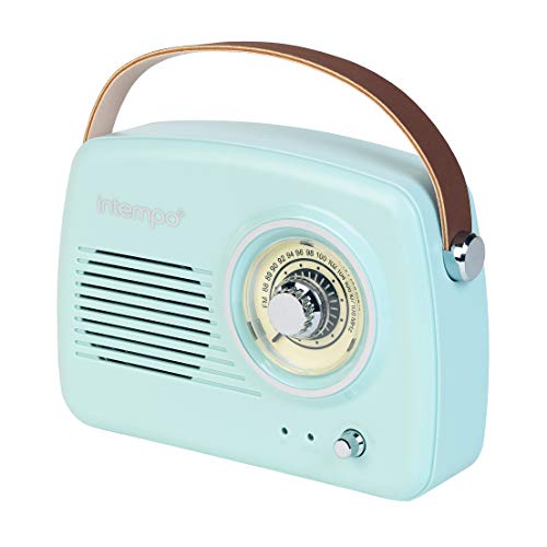 Altavoz Bluetooth Intempo EE3332BLUSTKEU con radio FM y correa de transporte de cuero para iPhone, iPad, Samsung Galaxy, Android y otros dispositivos USB inteligentes, 21 cm, azul pastel
