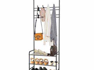 alvorog Perchero con Zapatero, Perchero Metálico de Pie, Perchero de Entrada con 3 Capas y 16 Ganchos para Zapatos y Ropa 63.5 x 29 x 180 cm (Negro)