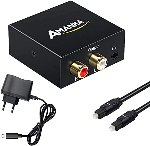 AMANKA Convertidor Digital a Analógico, DAC Audio Óptico Coaxial(RCA) Toslink SPDIF a Audio Estéreo R/L + Jack 3.5mm con Cable Óptico