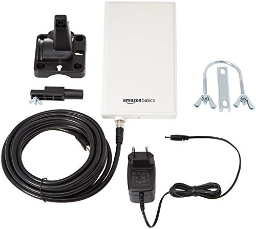 Amazon Basics - Antena de radio y televisión digital interior-exterior para HDTV, receptor DVB-T, VHF, UHF y FM, con un alcance de 48 km