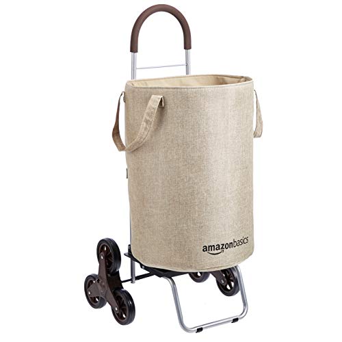Amazon Basics – Cesto para colada con carrito con ruedas para subir escaleras, mango de 96,5 cm de altura, beis