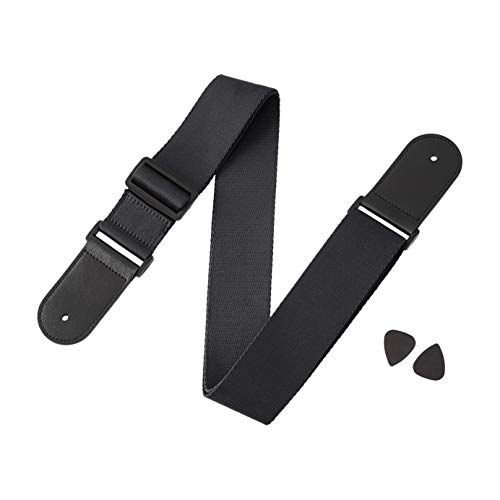 Amazon Basics - Correa ajustable para guitarra eléctrica/acústica/bajo, incluye 2 púas, correa suave con extremos de piel sintética, negro