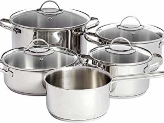 Amazon Basics Juego de Ollas de Inducción de Acero Inoxidable - 9 Piezas, con Tapas