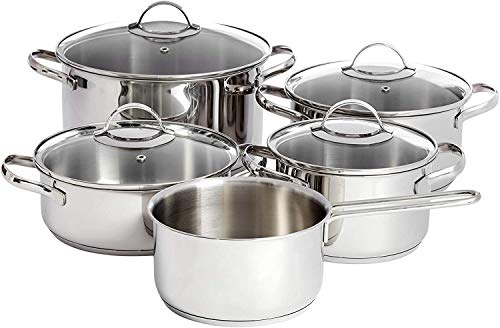 Amazon Basics Juego de Ollas de Inducción de Acero Inoxidable - 9 Piezas, con Tapas