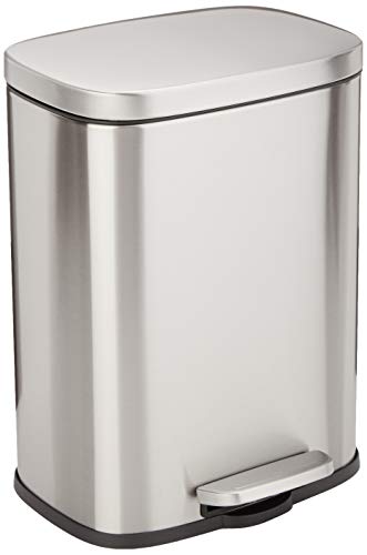 Amazon Basics Rectangle Soft-Close Trash Can - 12L, Satin Nickel