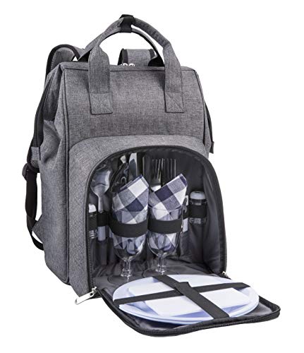 Amazon Brand – Eono Bolsa para refrigerador con Mochila para Picnic, 2 Personas, Juego de vajilla y Manta
