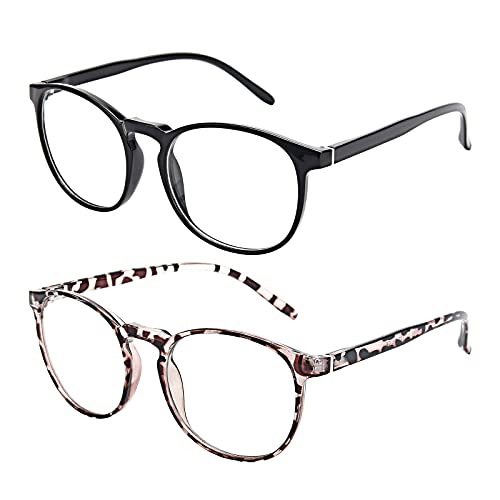 Amazon Brand – Eono Gafas de Descanso Anti Luz Azul para Mujer Hombre y Niño – Gafas Falsas con Lentes Antireflejantes para Lectura, Ordenador, Gaming, TV- 2 Paquetes (Negro brillante + leopardo)