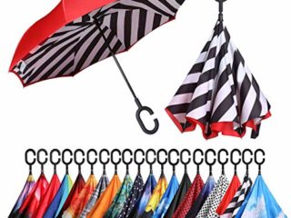 Amazon Brand - Eono Paraguas Invertido de Doble Capa, Paraguas Plegable de Manos Libres Autoportante,Paraguas a Prueba de Viento Anti-UV para la Lluvia del Coche al Aire Iibre - Rayas